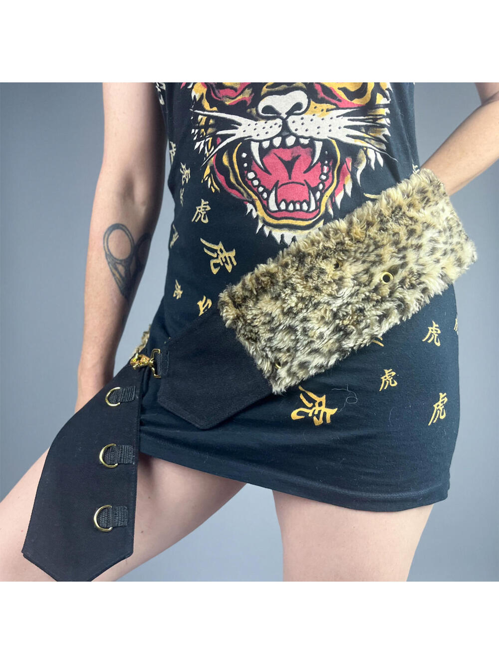 Statement Faux Fur Belt with Grommets, D-Rings and Clasp Closure, Upcycle